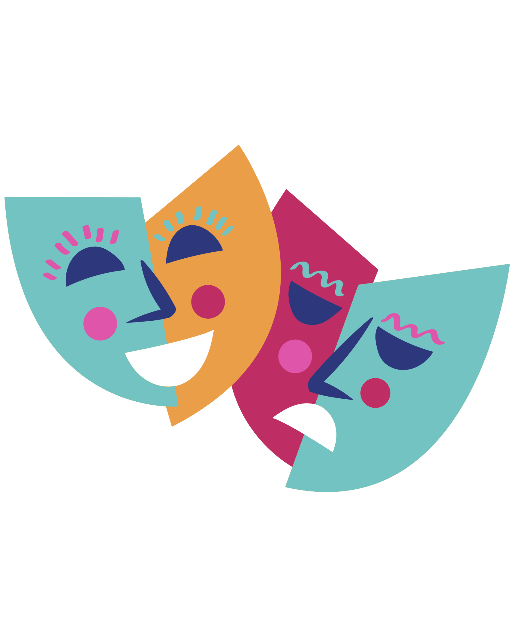 Conceptual theatrical illustration featuring overlapping classical comedy and tragedy masks